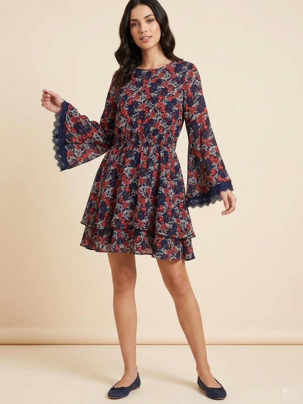 A Beautiful Soul Boho Floral Dress L Navy Red Bell Sleeve Flowy Chiffon